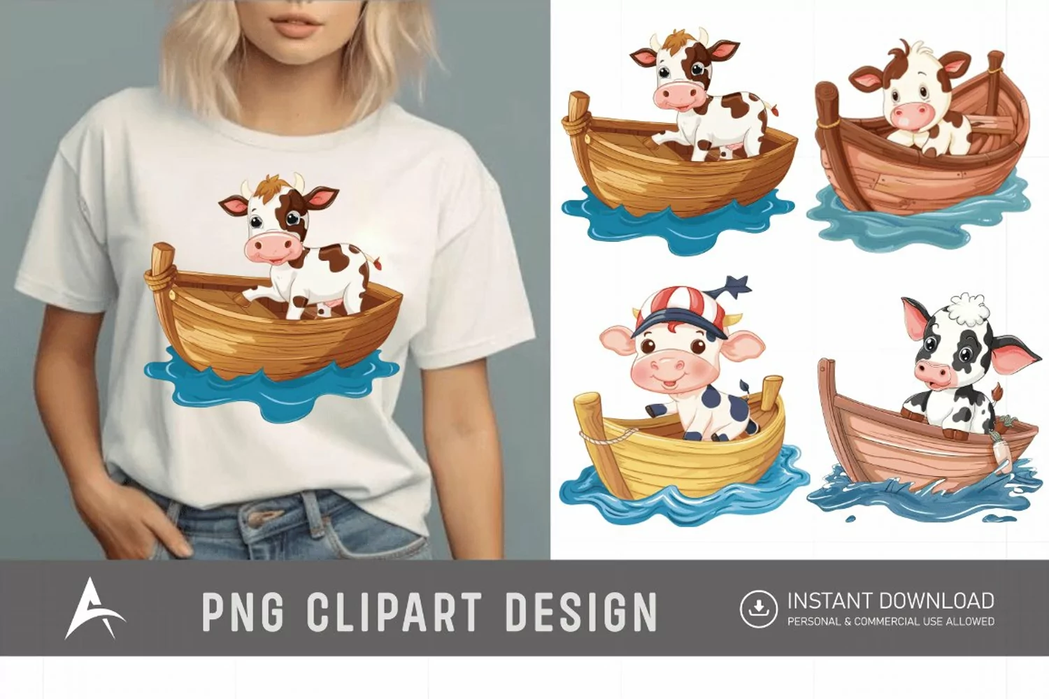 Watercolor Cute Cow on Boat Clipart product image 1