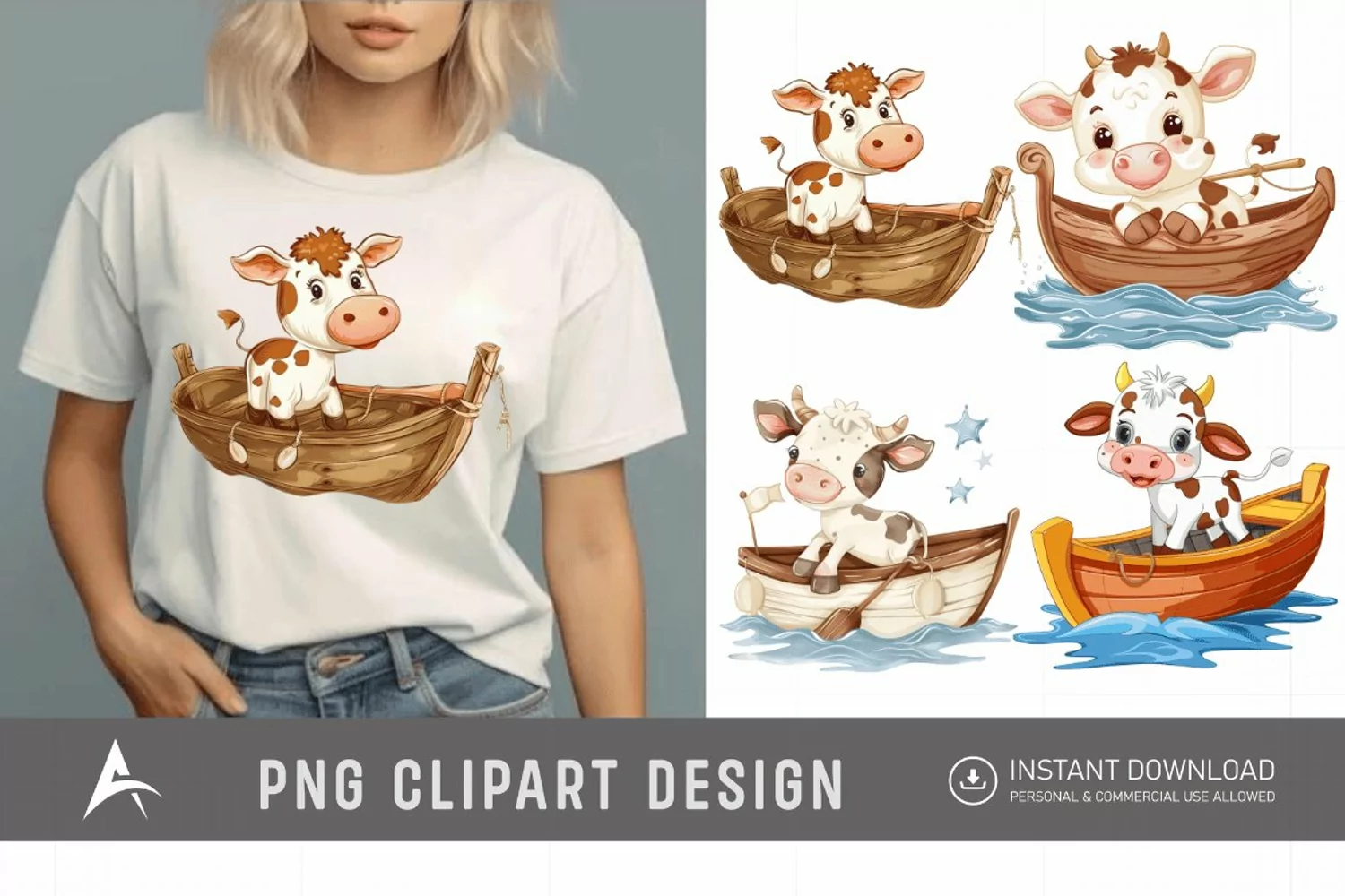 Watercolor Cute Cow on Boat Clipart product image 1