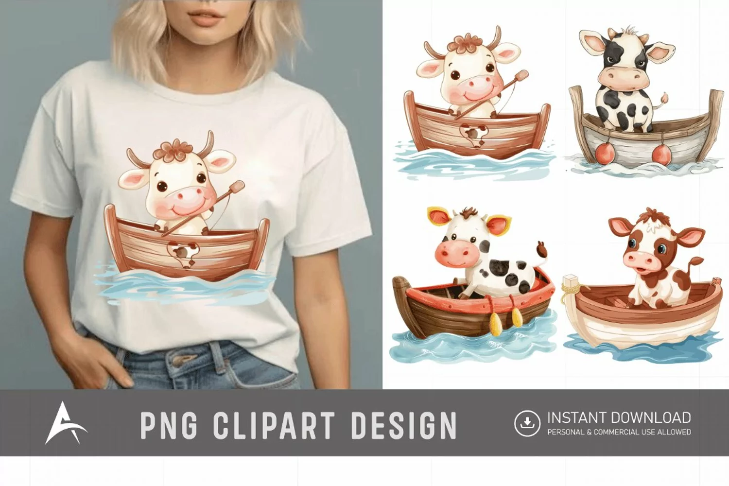 Watercolor Cute Cow on Boat Clipart product image 1