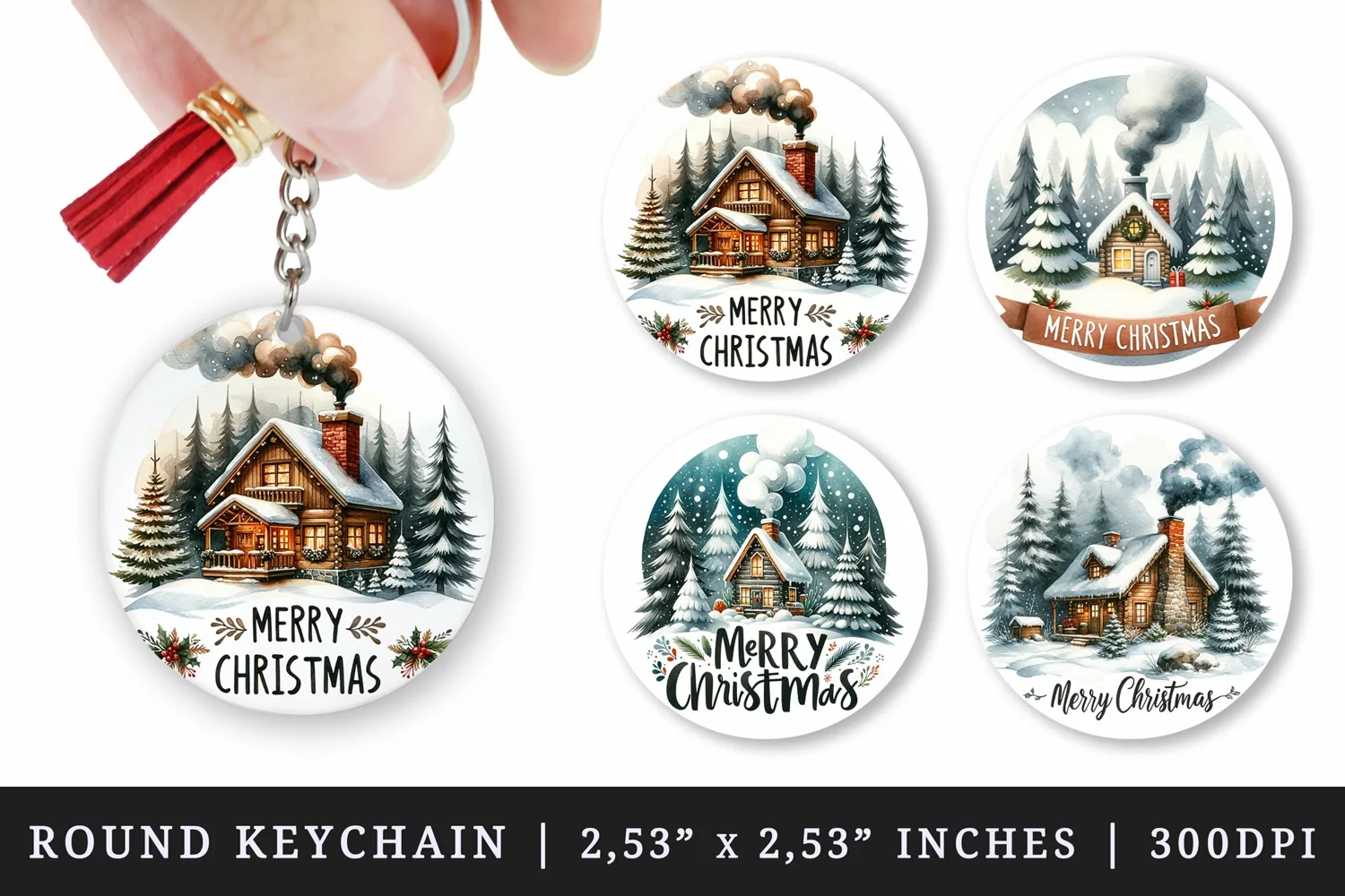 Watercolor cute cozy cabin chimney with smoke snowy trees Merry Christmas quote New Year winter print round keychain keychains sublimation design