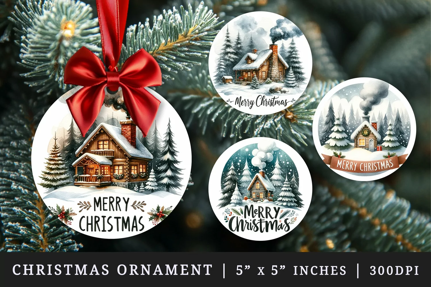 Watercolor cute cozy cabin chimney with smoke snowy trees Merry Christmas quote New Year winter print round ornament ornaments sublimation design