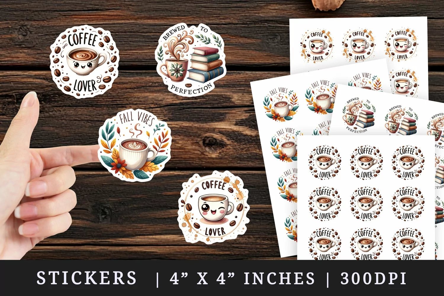Watercolor cute cup of coffee and books autumn leaves splash coffee beans coffee lover quote print sticker sheet stickers printable sublimation design png
