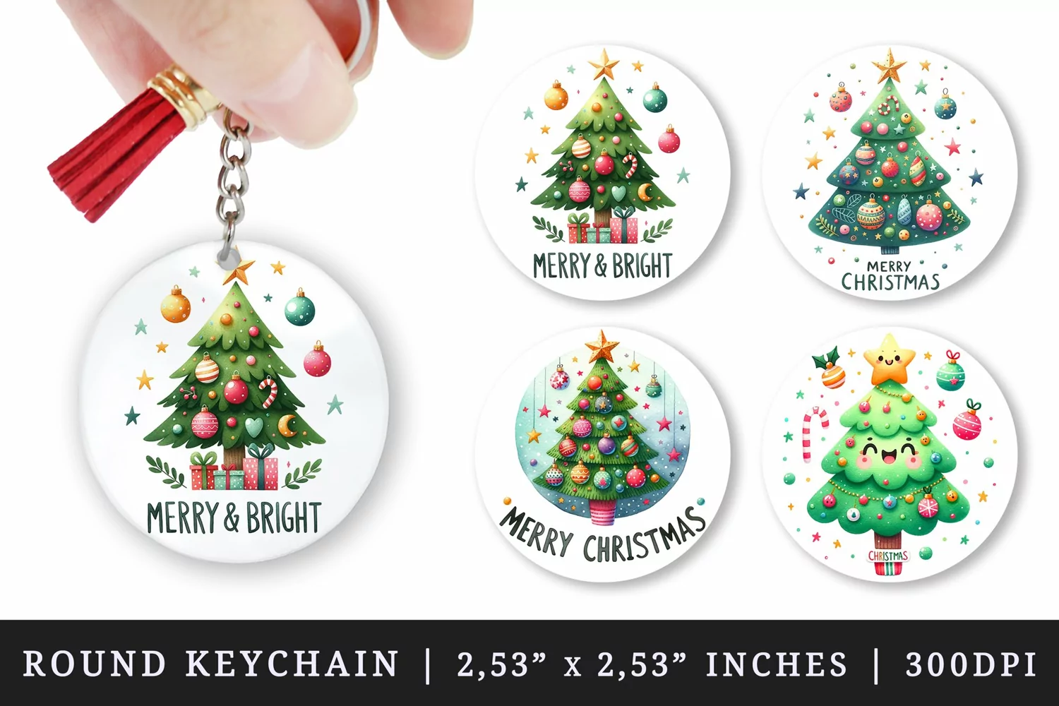 Watercolor cute decorated Christmas tree bubbles Merry and Bright Christmas quote New Year winter print round keychain keychains sublimation design