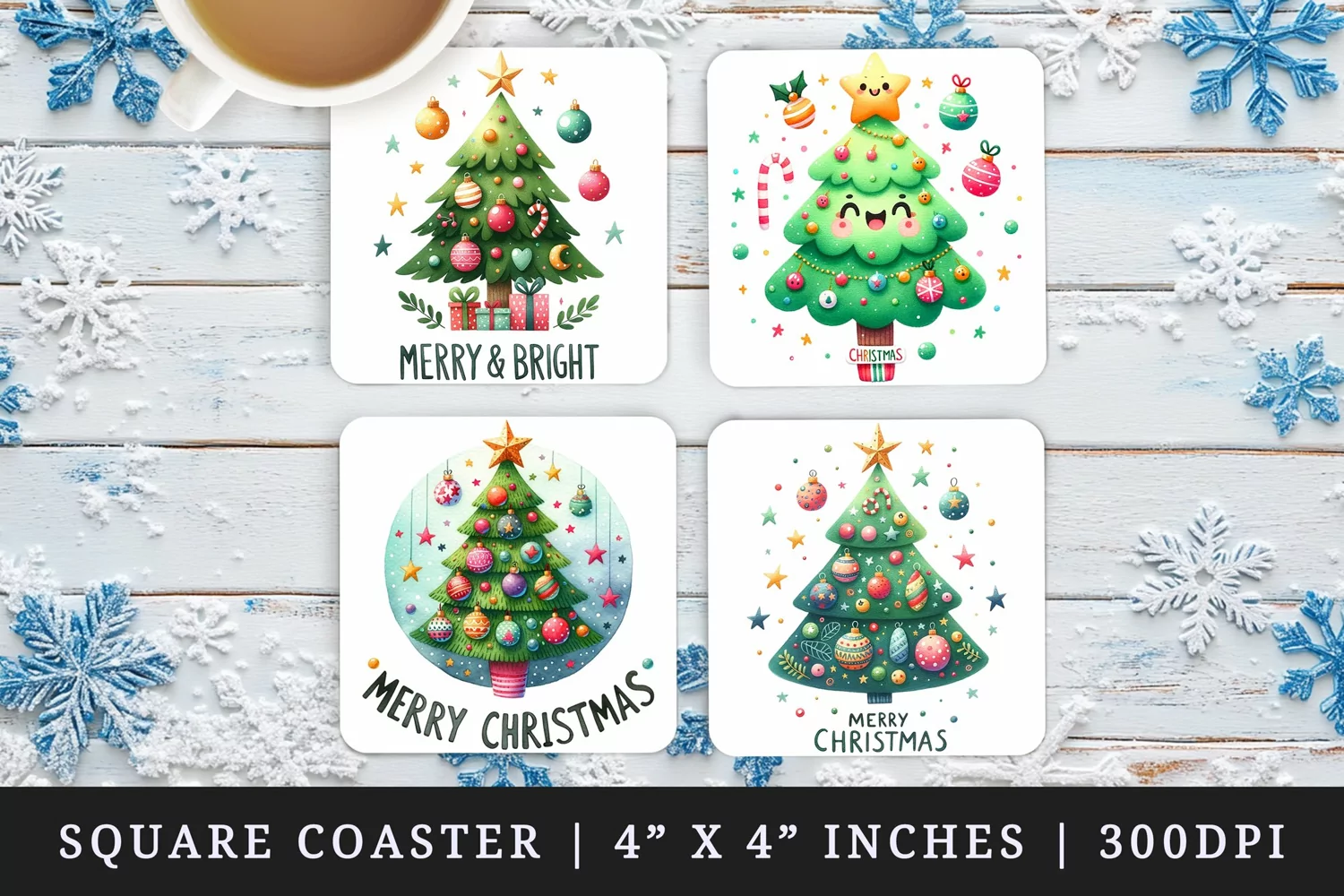 Watercolor cute decorated Christmas tree bubbles Merry and Bright Christmas quote New Year winter print square coaster mug coasters sublimation design