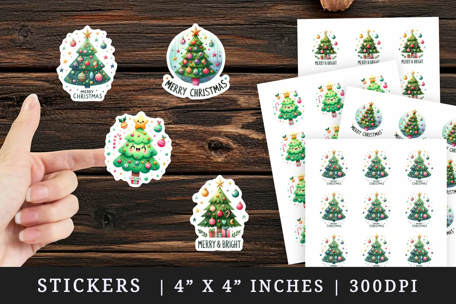 Watercolor cute decorated Christmas tree bubbles Merry and Bright Christmas quote New Year winter print sticker sheet stickers printable sublimation design png