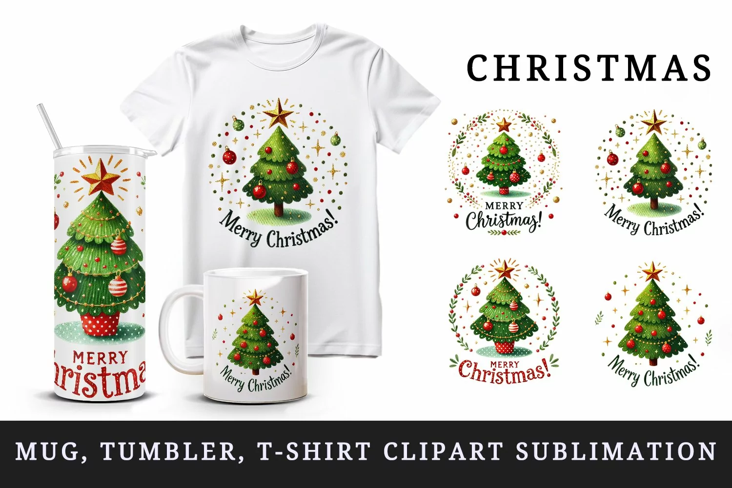 Watercolor cute decorated tree Merry Christmas quote New Year winter print 20 oz tumbler skinny mug wrap clipart t-shirt sublimation printable design