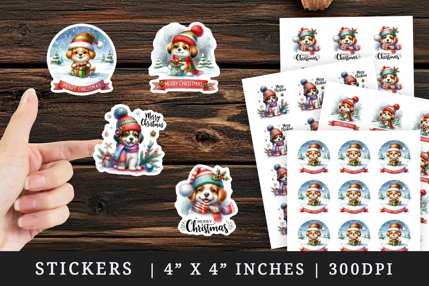 Watercolor cute dog puppy with gift box hat scarf Merry Christmas quote New Year winter print sticker sheet stickers printable sublimation design png