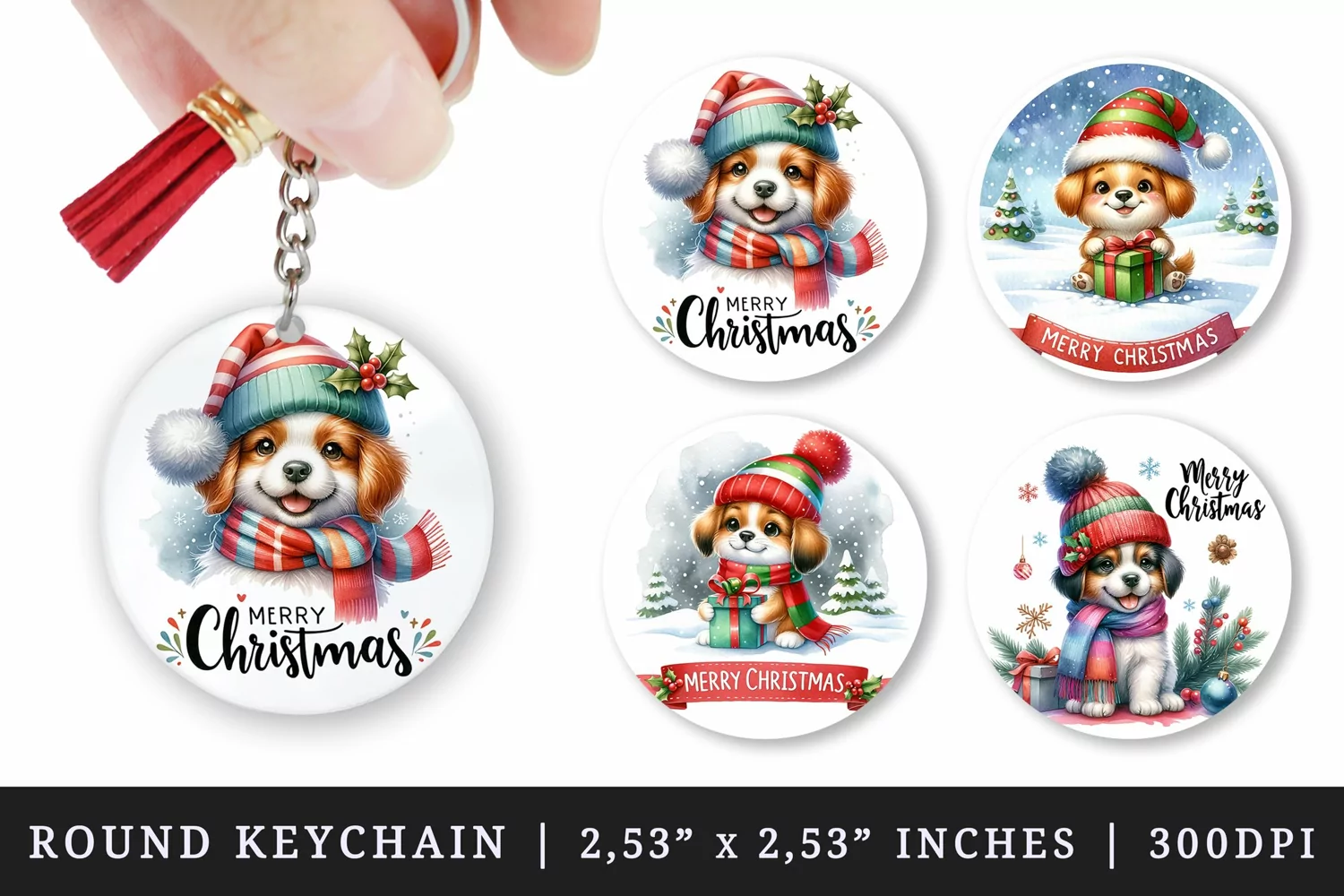 Watercolor cute dog puppy with gift box wearing hat scarf Merry Christmas quote New Year winter print round keychain keychains sublimation design