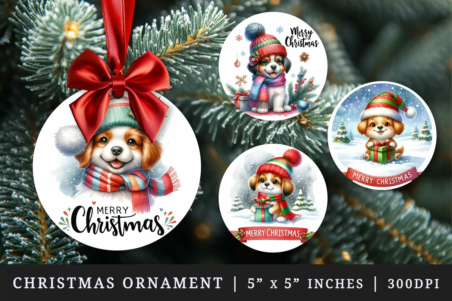 Watercolor cute dog puppy with gift box wearing hat scarf Merry Christmas quote New Year winter print round ornament ornaments sublimation design