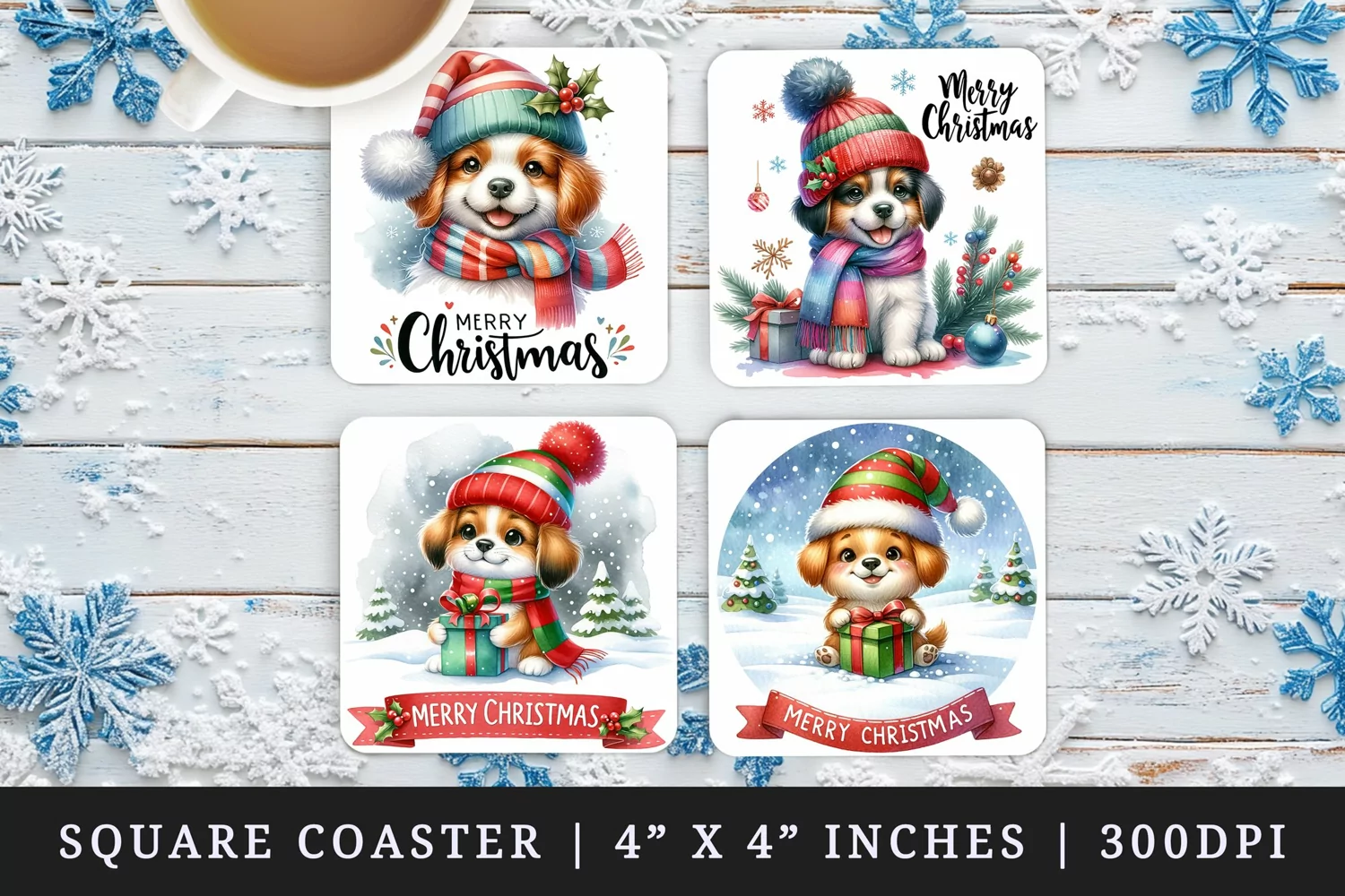 Watercolor cute dog puppy with gift box wearing hat scarf Merry Christmas quote New Year winter print square coaster mug coasters sublimation design