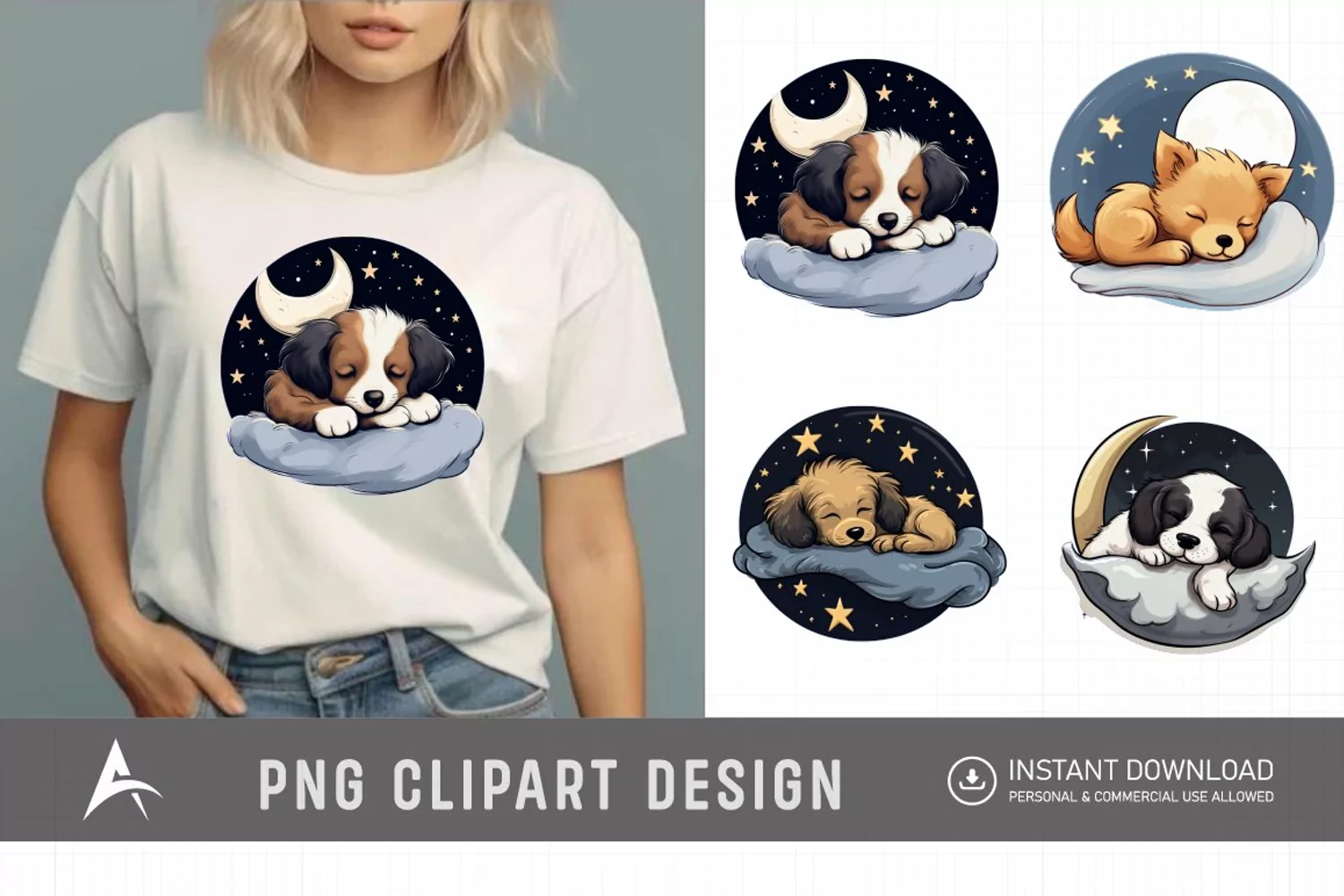 Watercolor Cute Dogs Sleep on Moon Clipart product image 1