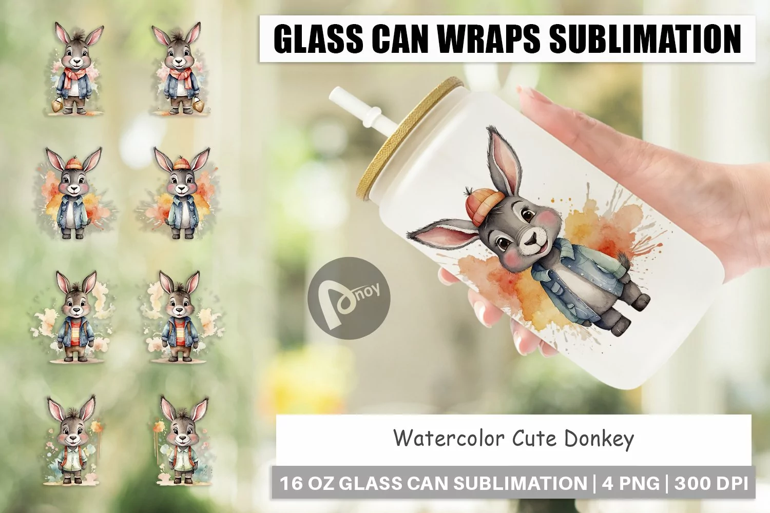 Glass Can Wraps Watercolor Cute Donkey product image 1
