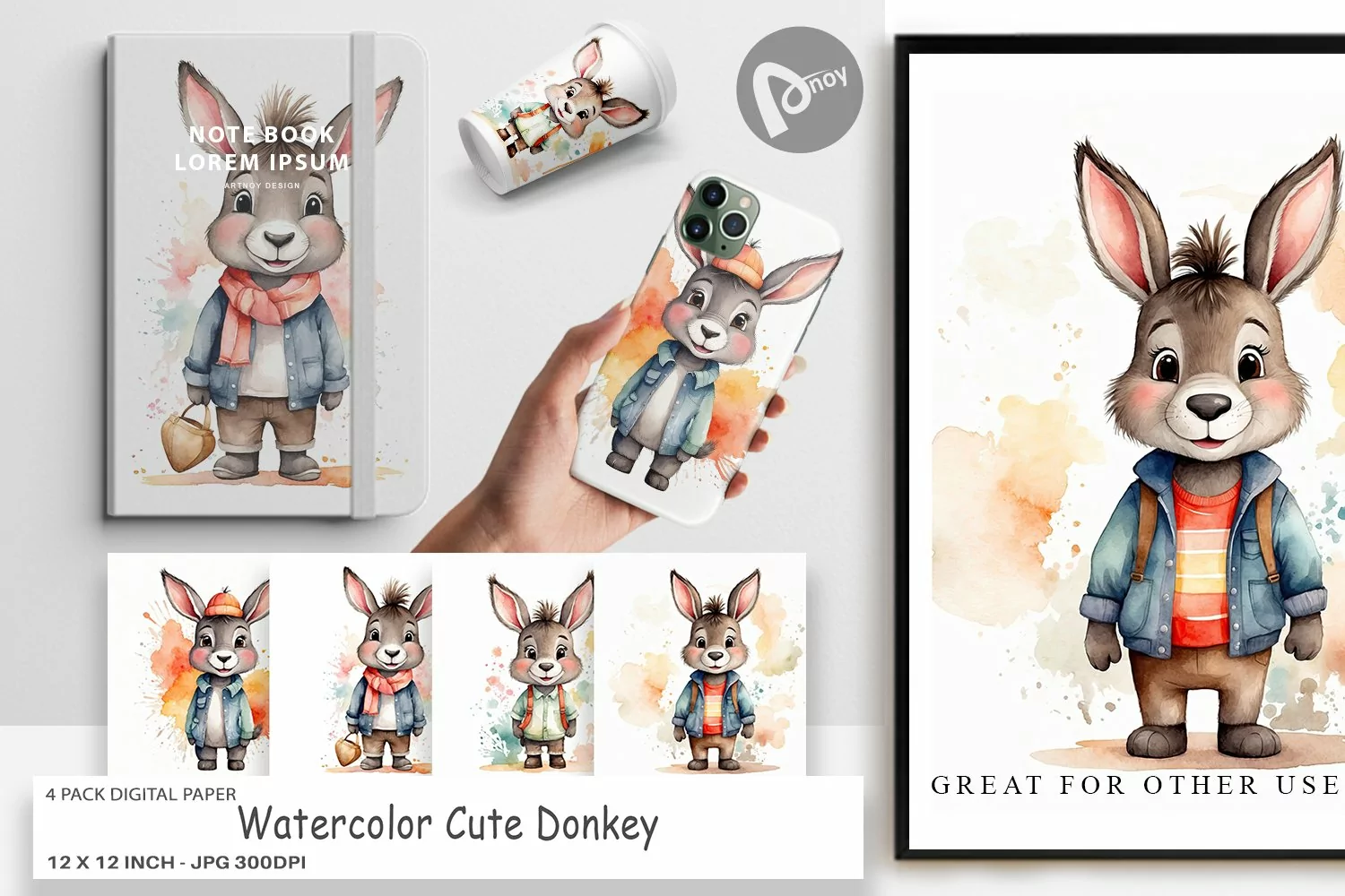 Digital Paper Watercolor Cute Donkey product image 1