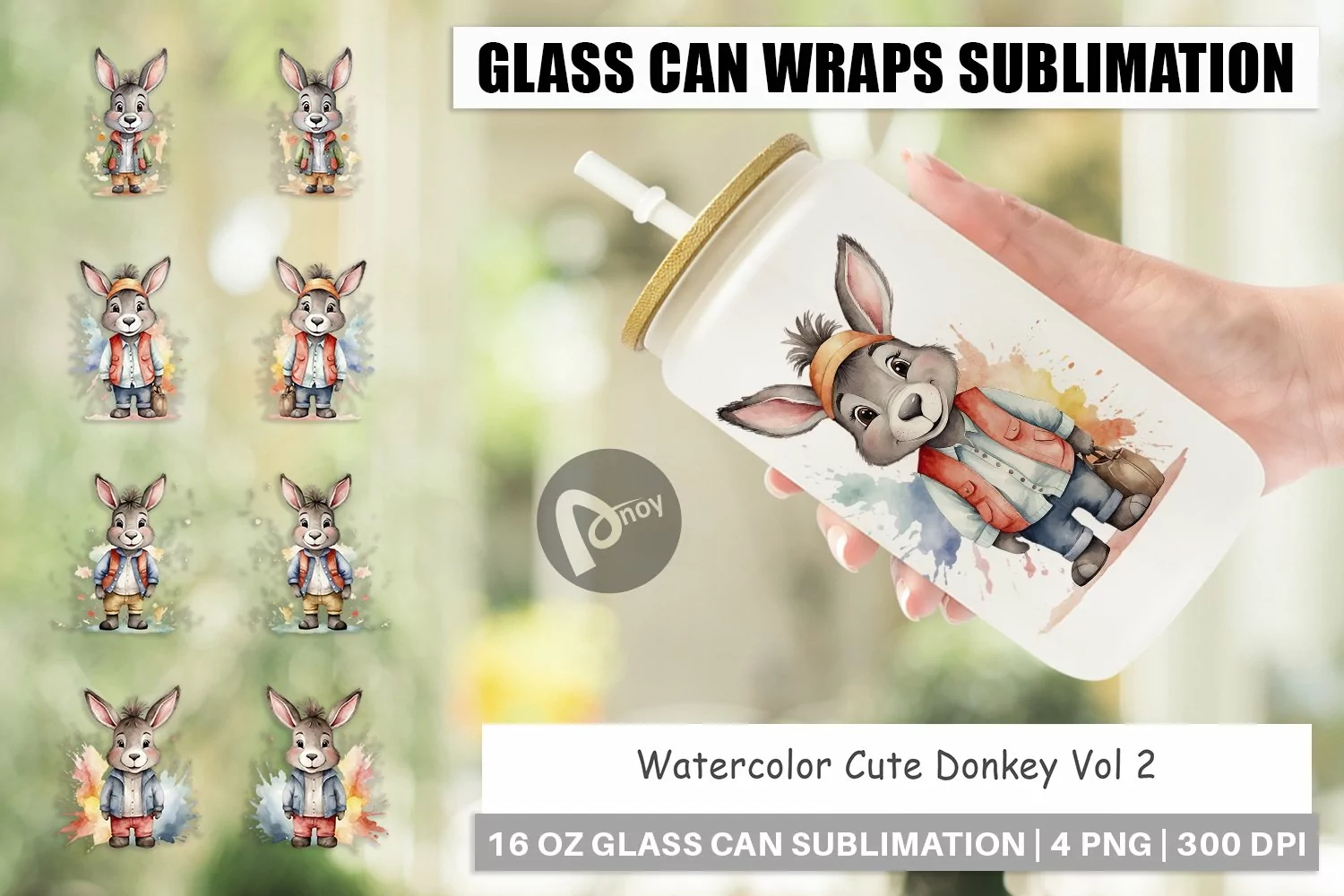 Glass Can Wraps Watercolor Cute Donkey product image 1