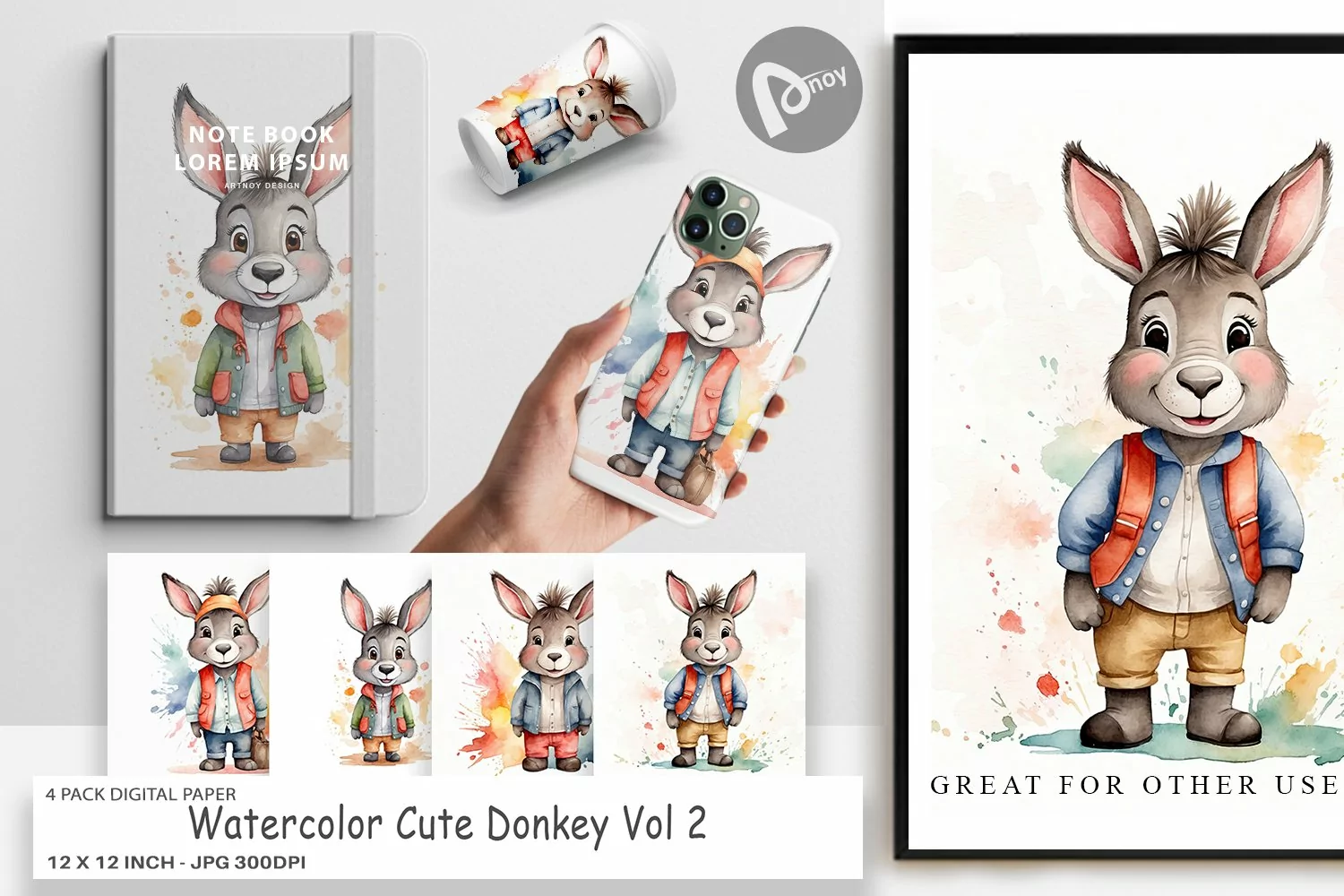 Digital Paper Watercolor Cute Donkey product image 1
