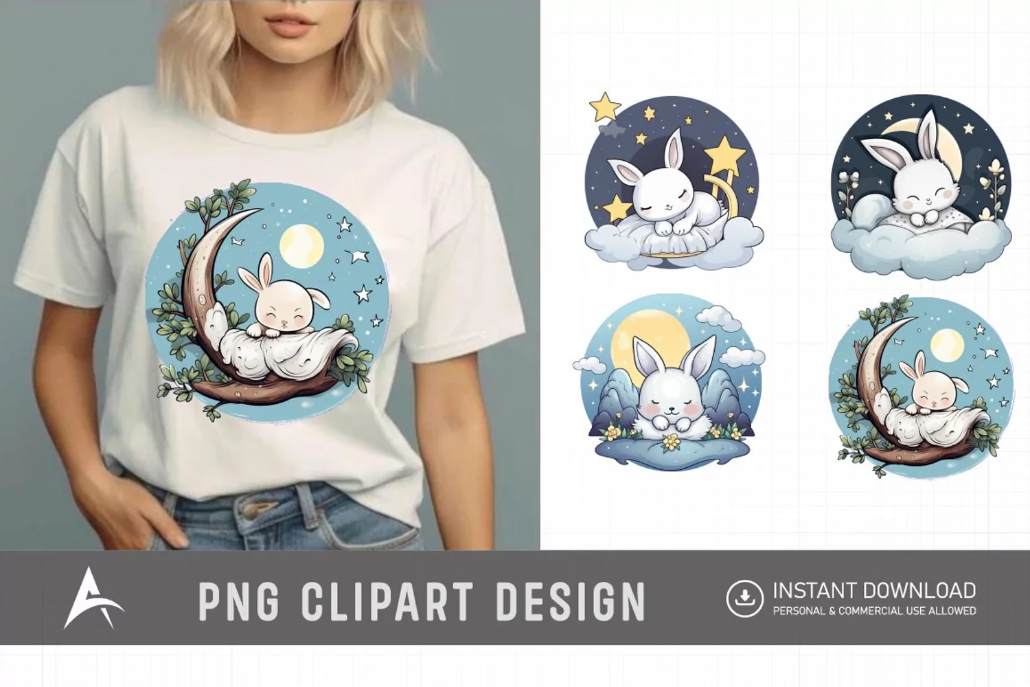 Watercolor Cute Easters Sleep on Moon Clipart product image 1