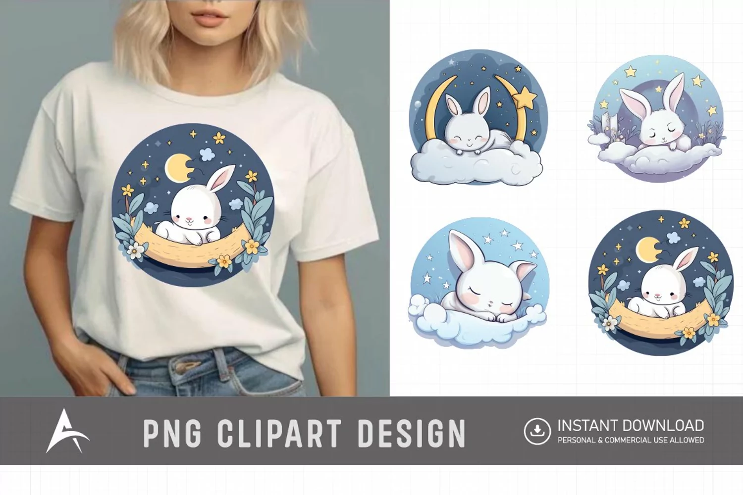 Watercolor Cute Easters Sleep on Moon Clipart product image 1