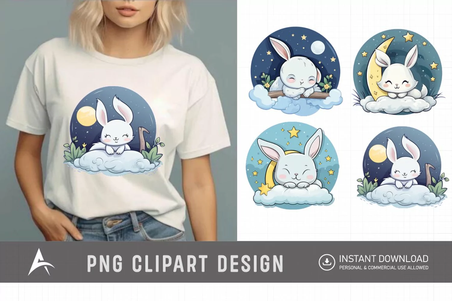 Watercolor Cute Easters Sleep on Moon Clipart product image 1