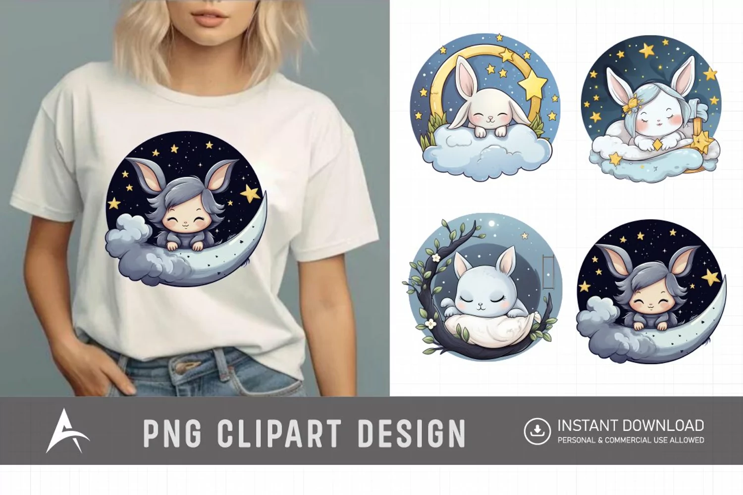 Watercolor Cute Easters Sleep on Moon Clipart product image 1