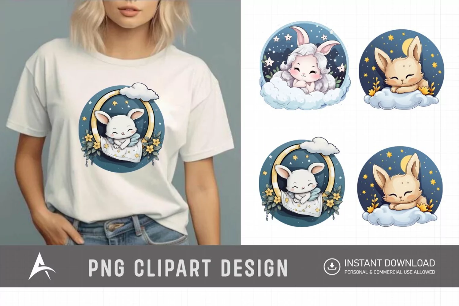 Watercolor Cute Easters Sleep on Moon Clipart product image 1