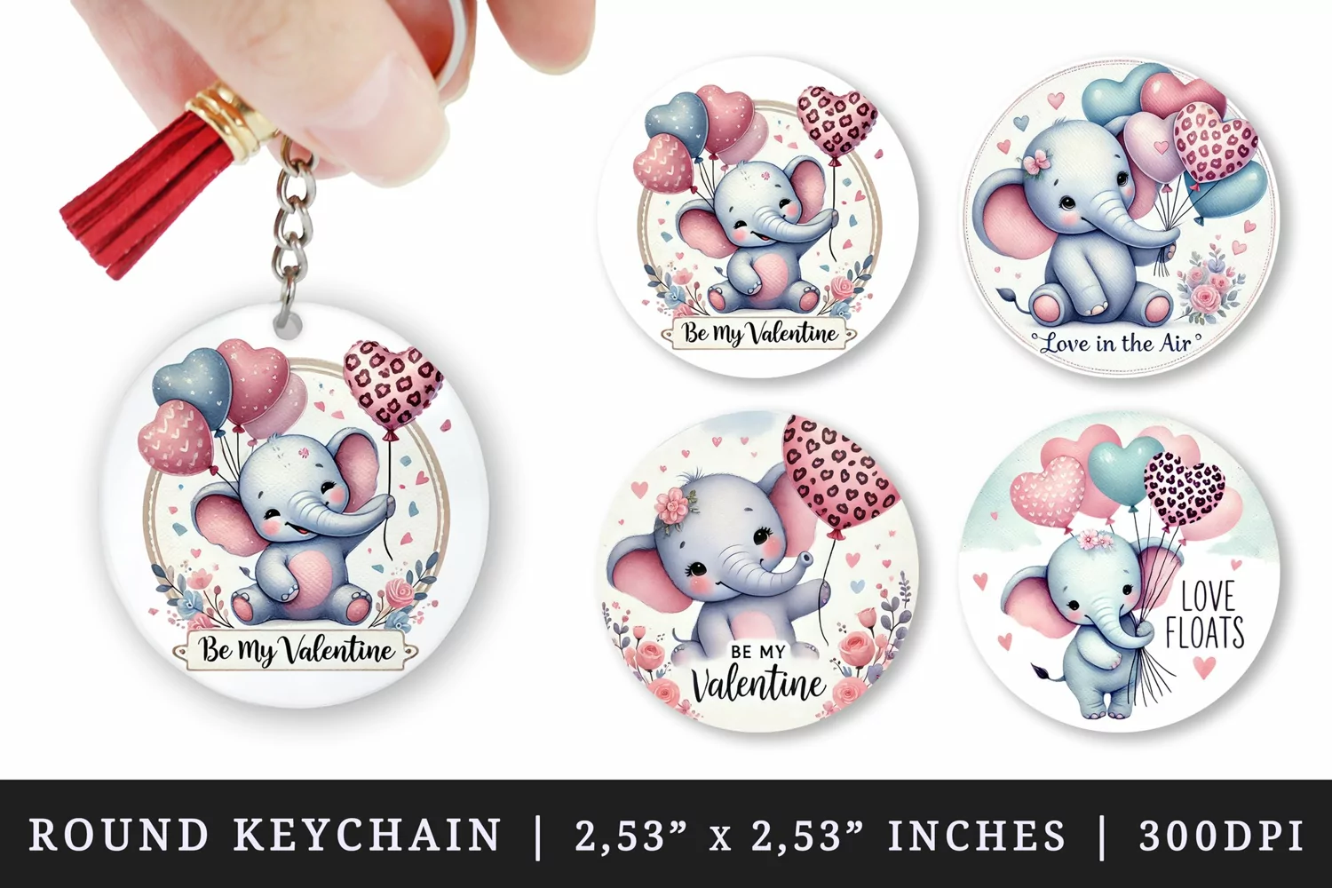 Watercolor cute elephant holding pink heart-shaped balloon leopard print Valentines Day quote love print round keychain keychains sublimation design