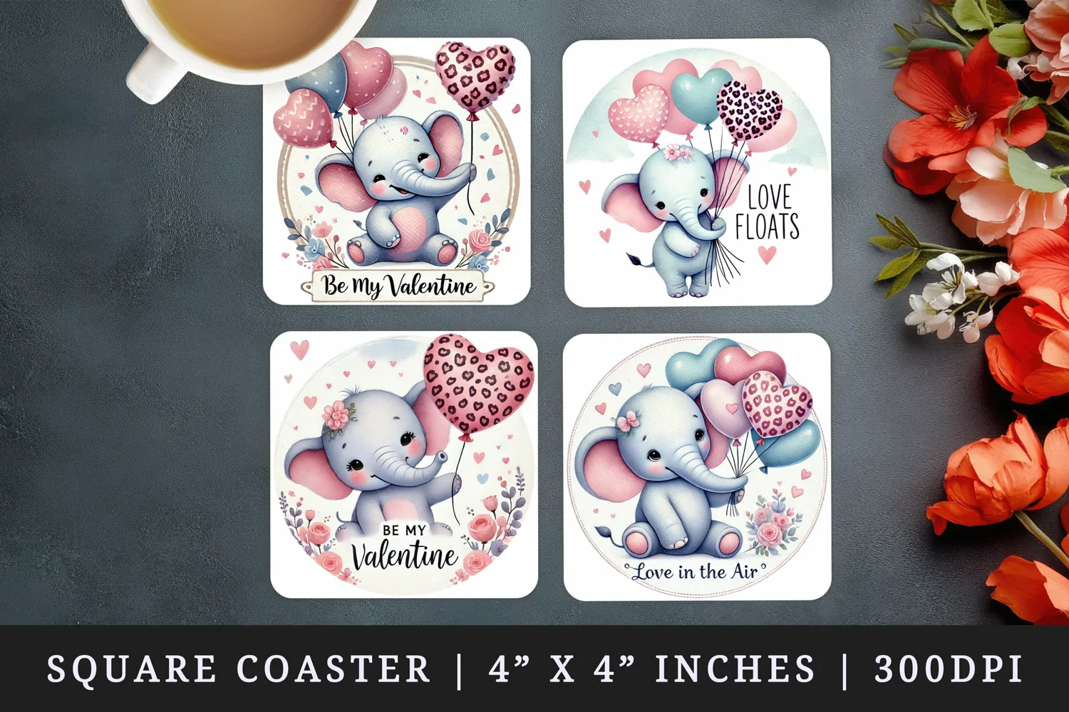 Watercolor cute elephant holding pink heart-shaped balloon leopard Valentines Day quote love print square coaster mug coasters sublimation design
