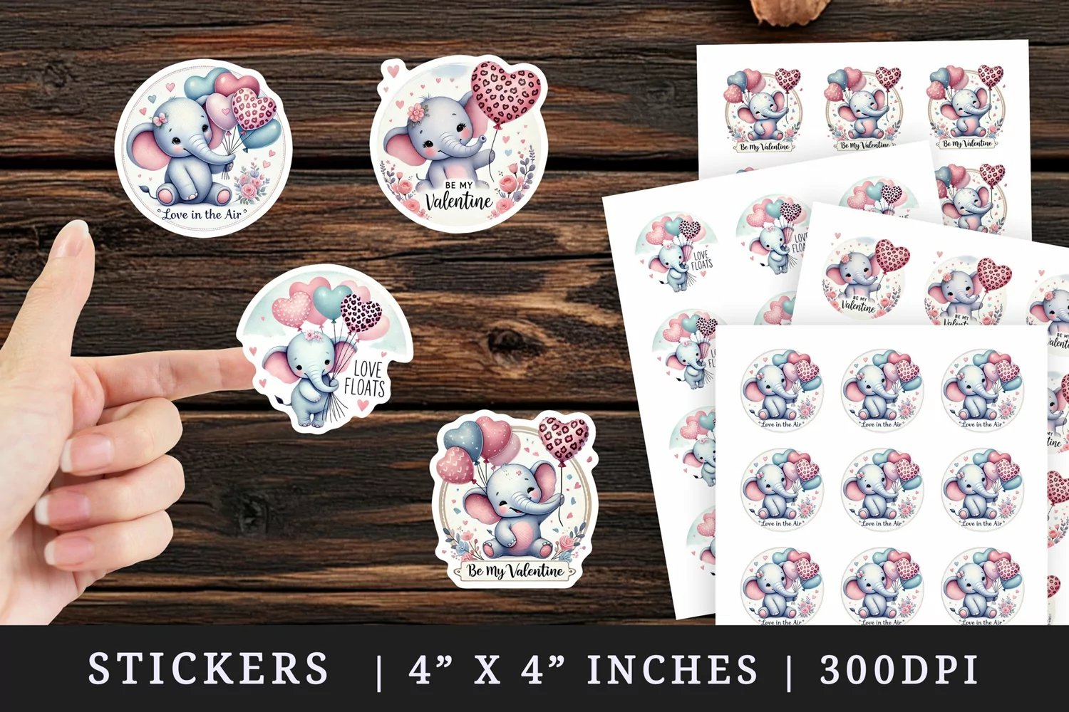 Watercolor cute elephant holding pink leopard heart-shaped balloon Valentines Day quote love print sticker sheet stickers printable sublimation design png