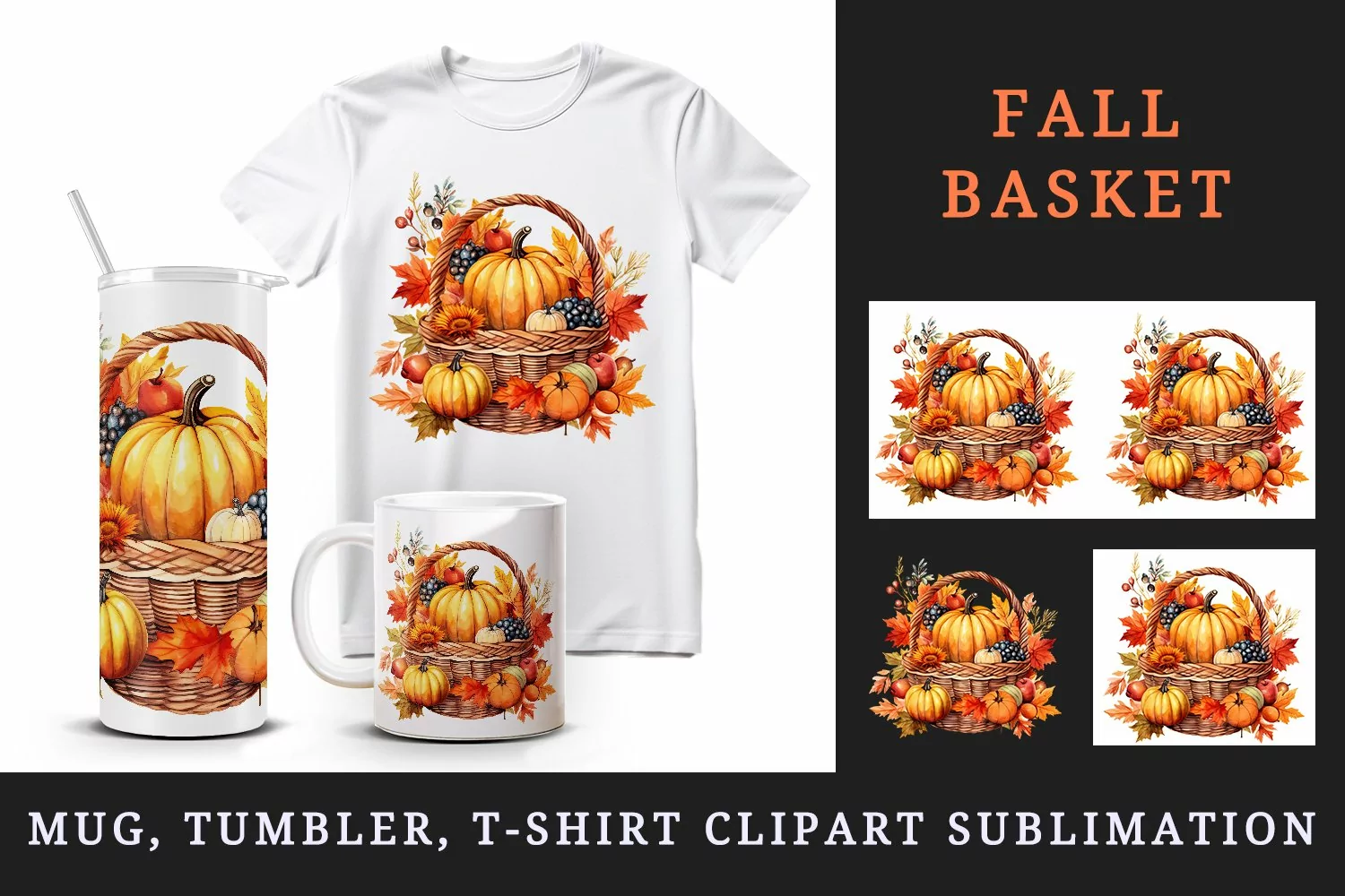 Watercolor cute fall basket pumpkins autumn leaves sparkle shining diamonds 20oz tumbler skinny mug wrap clipart t-shirt sublimation printable design