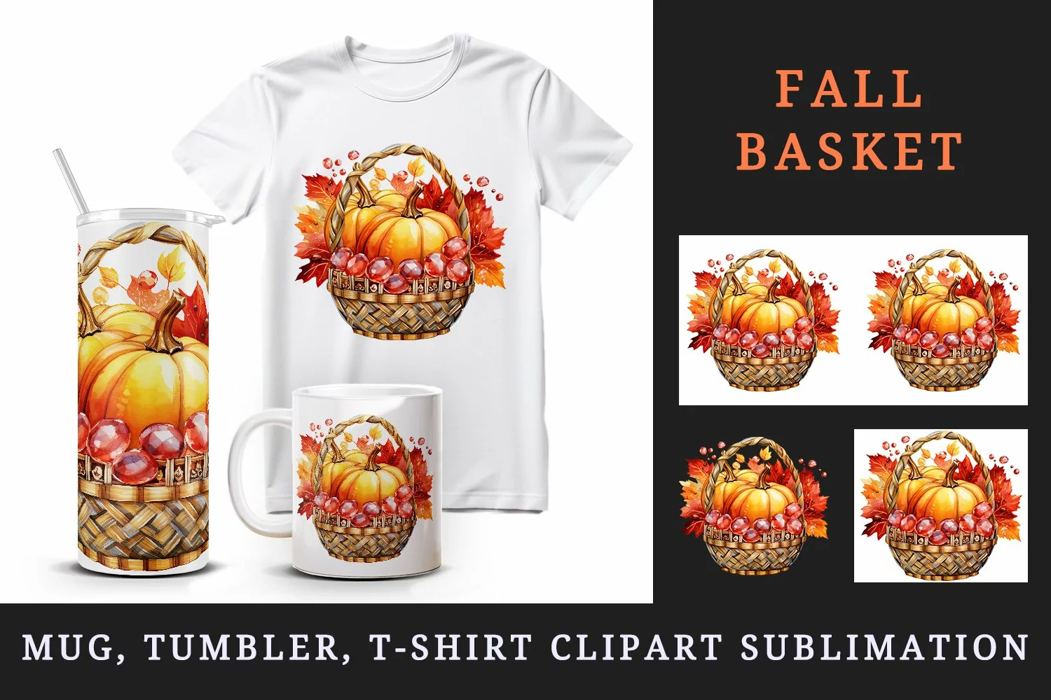 Watercolor cute fall basket pumpkins autumn leaves sparkle shining diamonds 20oz tumbler skinny mug wrap clipart t-shirt sublimation printable design
