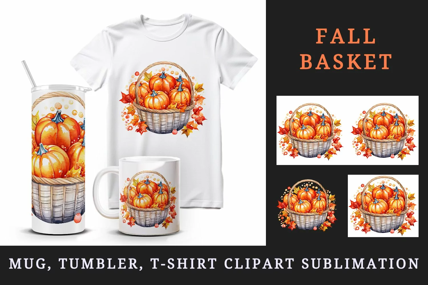 Watercolor cute fall basket pumpkins autumn leaves sparkle shining diamonds 20oz tumbler skinny mug wrap clipart t-shirt sublimation printable design