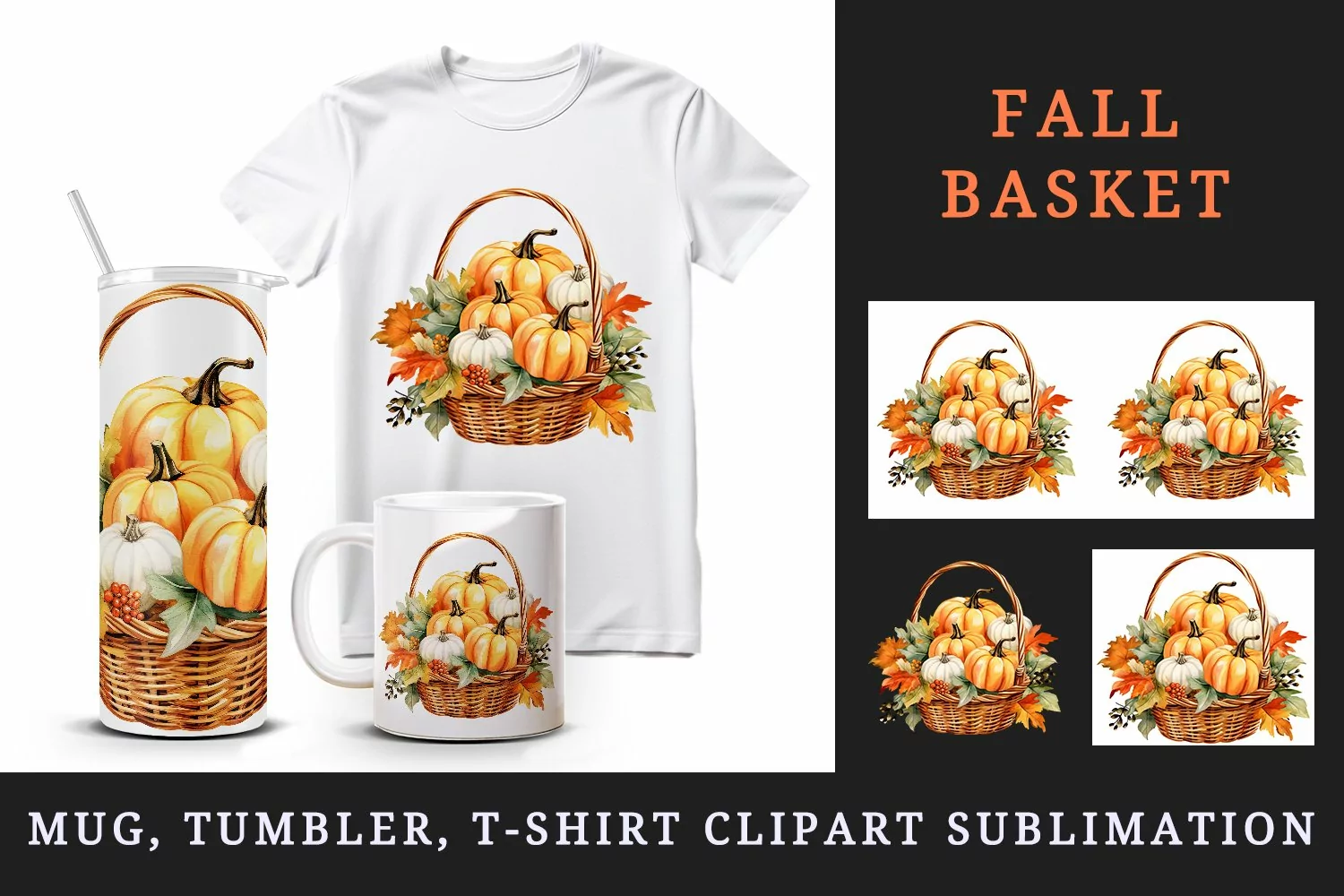 Watercolor cute fall basket with pumpkins autumn leaves sparkle diamonds 20 oz tumbler skinny mug wrap clipart t-shirt sublimation printable design