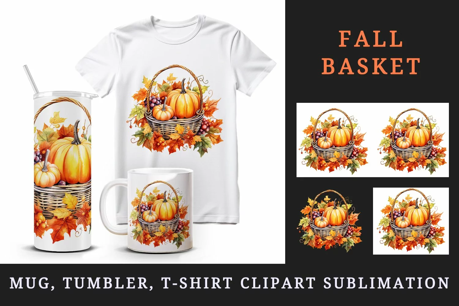 Watercolor cute fall basket with pumpkins autumn leaves sparkle diamonds 20oz tumbler skinny mug wrap clipart t-shirt sublimation printable design
