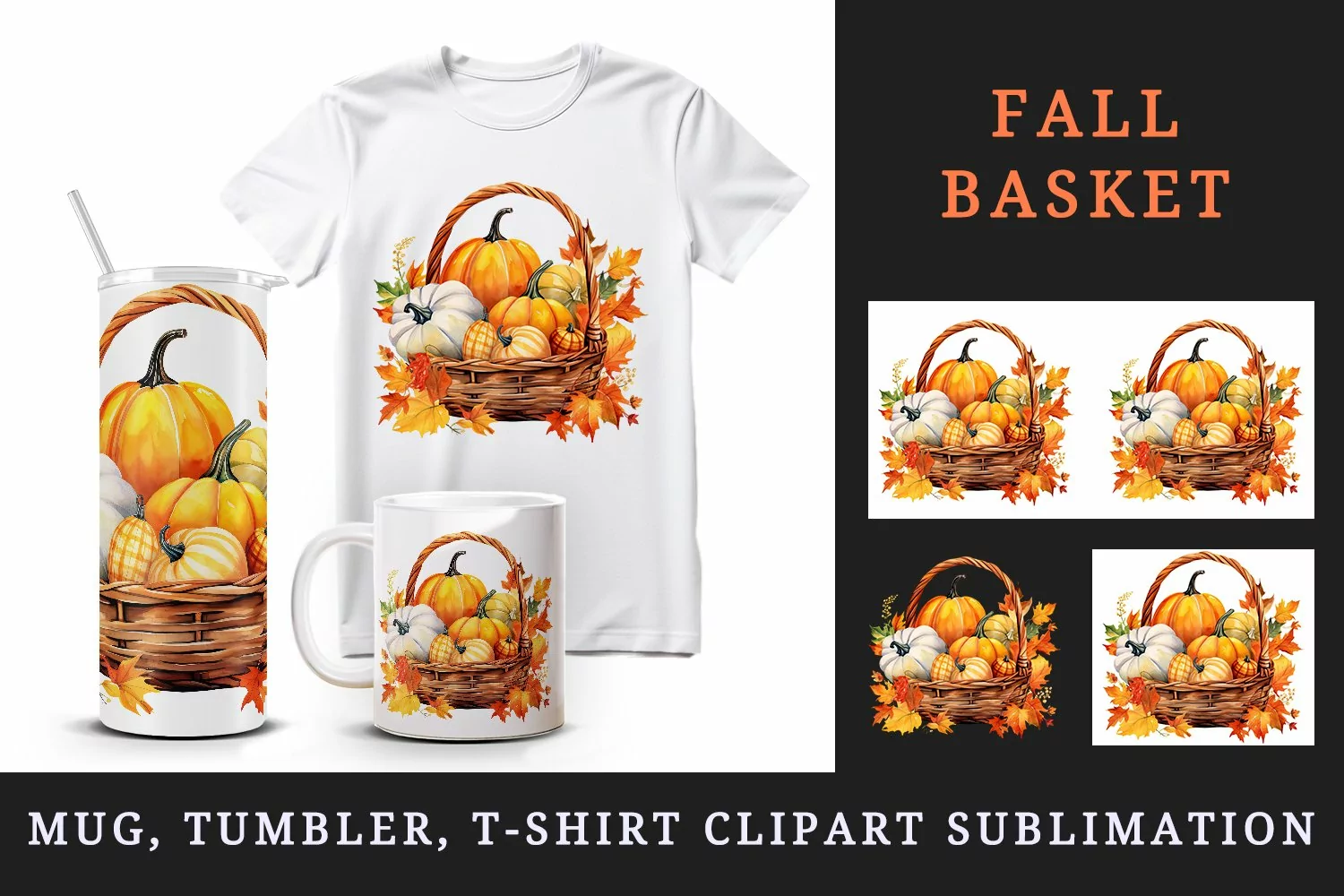 Watercolor cute fall basket with pumpkins autumn leaves sparkle shining diamonds 20oz tumbler skinny mug wrap clipart t-shirt sublimation printable design