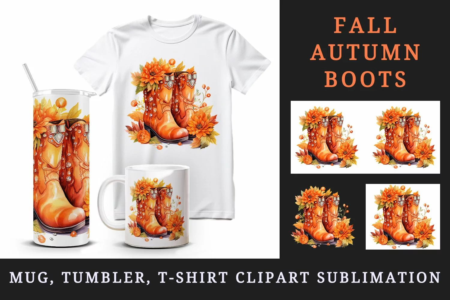 Watercolor cute fall boots autumn leaves sparkle shining diamonds 20oz tumbler skinny mug wrap clipart t-shirt sublimation printable design