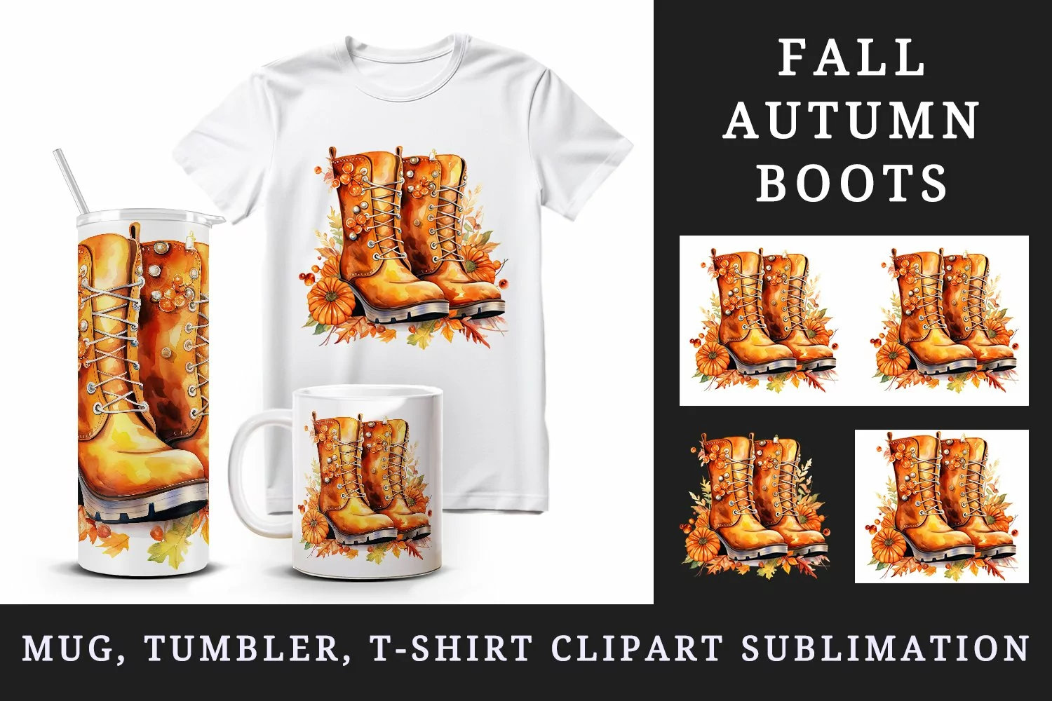 Watercolor cute fall boots pumpkin autumn leaves sparkle shining diamonds 20oz tumbler skinny mug wrap clipart t-shirt sublimation printable design