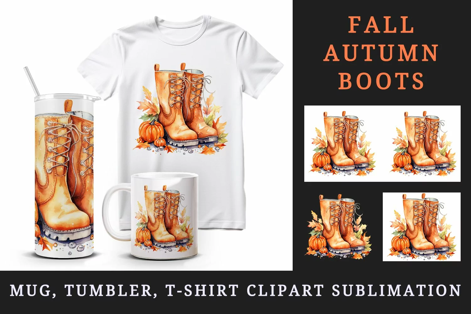 Watercolor cute fall boots pumpkins autumn leaves sparkle shining diamonds 20oz tumbler skinny mug wrap clipart t-shirt sublimation printable design