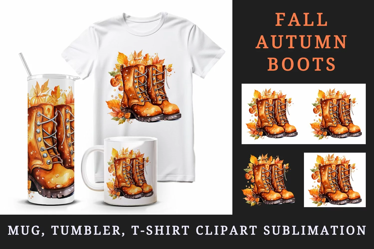 Watercolor cute fall boots pumpkins autumn leaves sparkle shining diamonds 20oz tumbler skinny mug wrap clipart t-shirt sublimation printable design