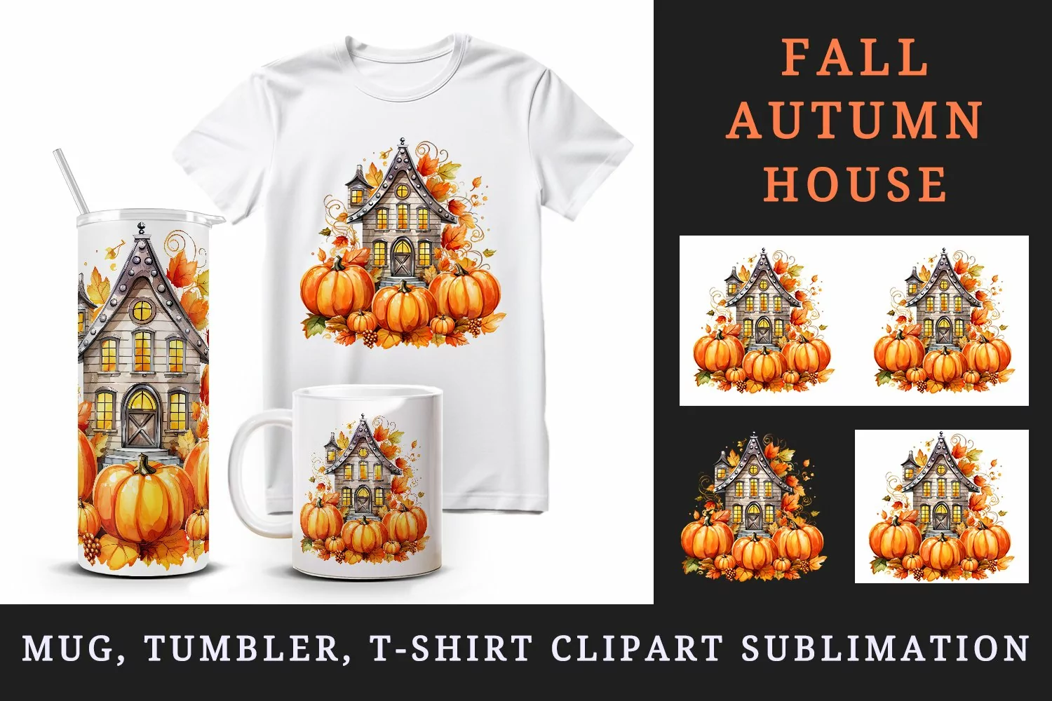 Watercolor cute fall house home pumpkins autumn leaves sparkle print 20oz tumbler skinny mug wrap clipart t-shirt sublimation printable design