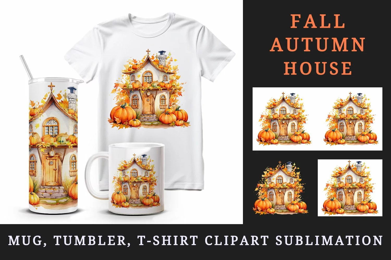 Watercolor cute fall house home pumpkins autumn leaves sparkle print 20oz tumbler skinny mug wrap clipart t-shirt sublimation printable design