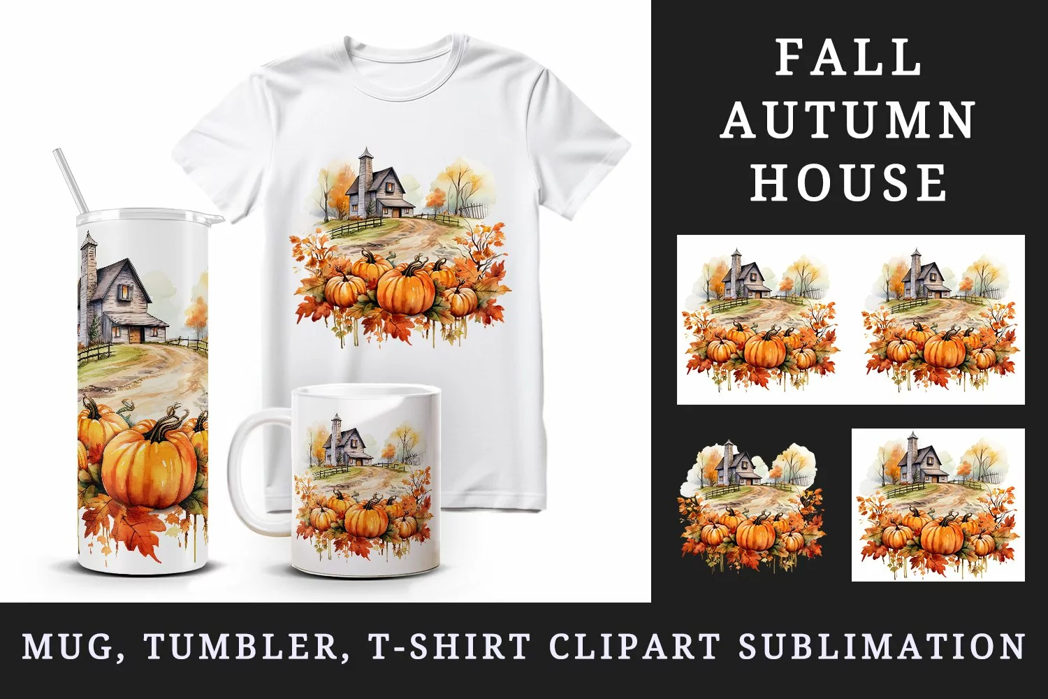Watercolor cute fall house home pumpkins autumn leaves sparkle print 20oz tumbler skinny mug wrap clipart t-shirt sublimation printable design