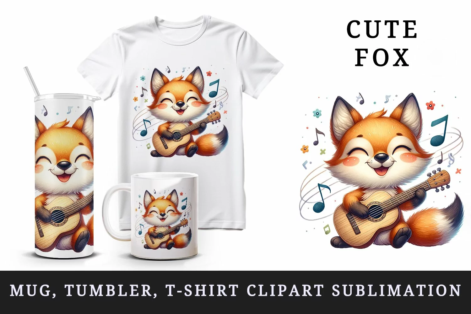 Watercolor cute fox playing guitar with musical notes floating around print 20 oz tumbler skinny mug wrap clipart t-shirt sublimation printable design
