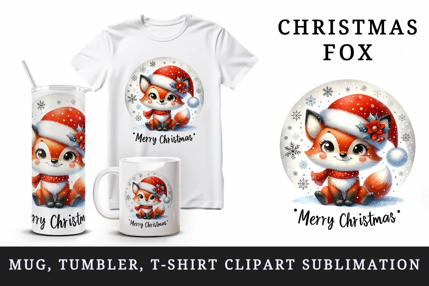 Watercolor cute fox scarf Santa hat snowflakes Merry Christmas quote print 20 oz tumbler skinny mug wrap clipart t-shirt sublimation printable design