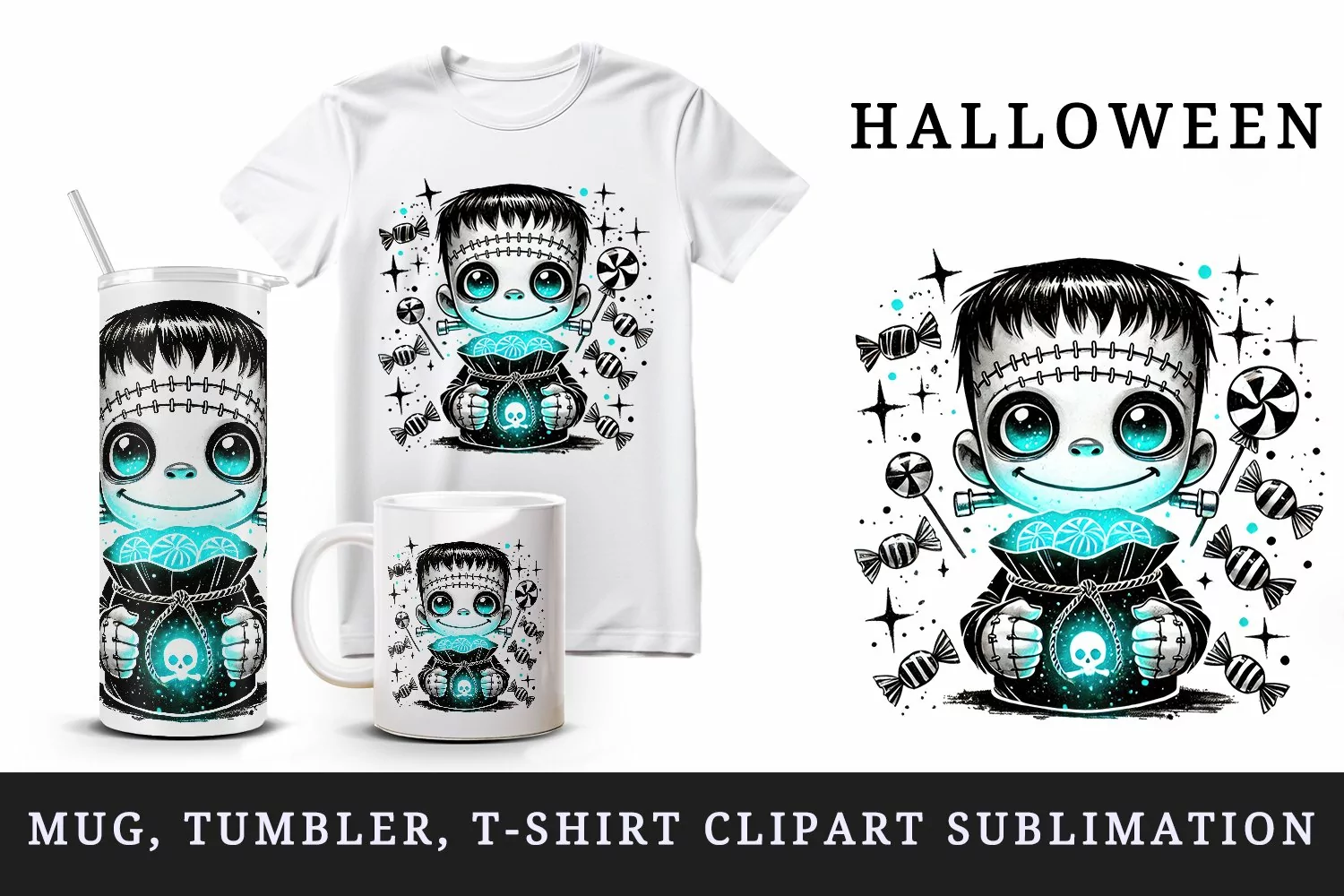 Watercolor cute Frankenstein monster glowing neon blue candy bag Halloween print tumbler skinny mug wrap clipart t-shirt sublimation printable design