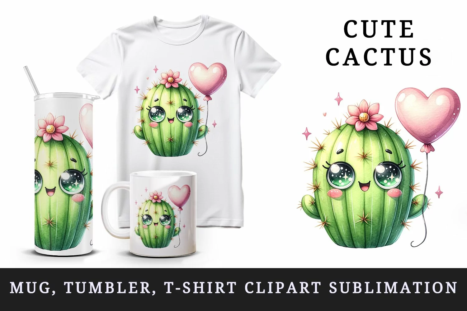 Watercolor cute friendly cactus is holding small heart balloon print 20 oz tumbler skinny mug wrap clipart t-shirt sublimation printable design