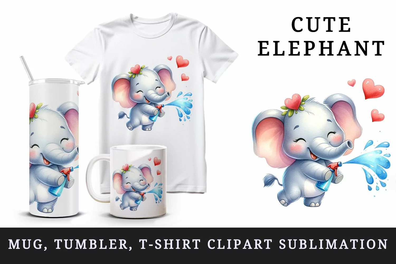 Watercolor cute friendly elephant spraying water droplets hearts print 20 oz tumbler skinny mug wrap clipart t-shirt sublimation printable design