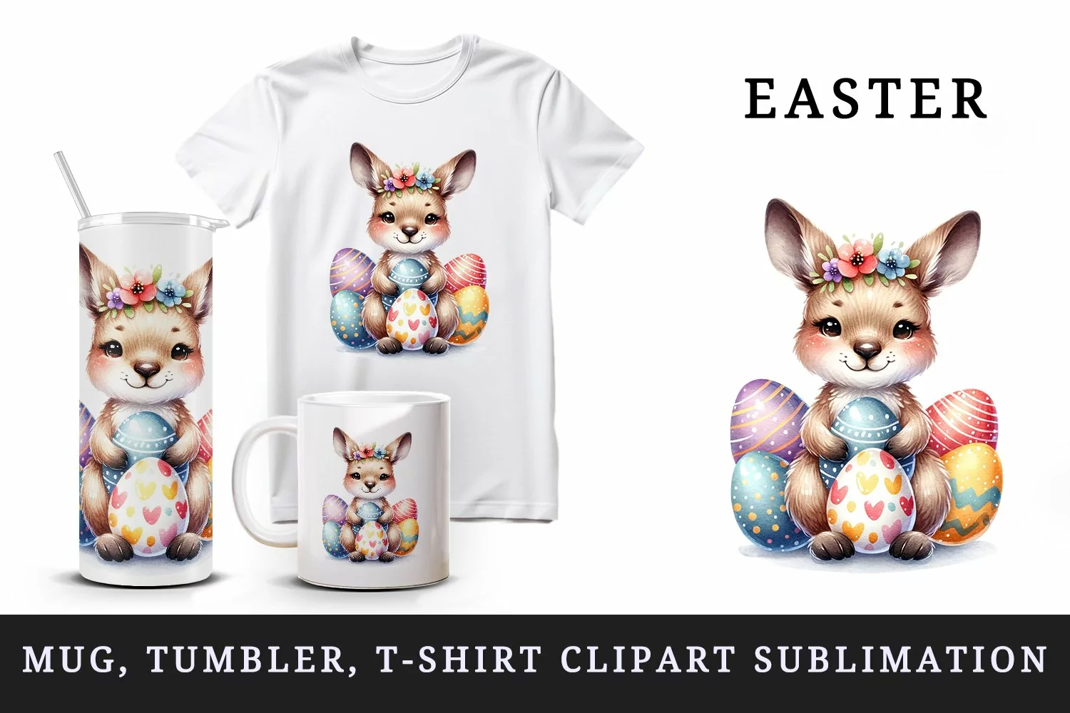 Watercolor cute friendly kangaroo with sparkling Easter eggs animal print 20 oz tumbler skinny mug wrap clipart t-shirt sublimation printable design