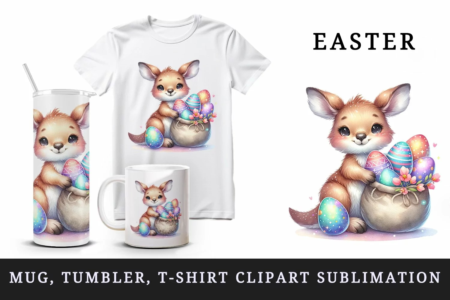Watercolor cute friendly kangaroo with sparkling Easter eggs animal print 20 oz tumbler skinny mug wrap clipart t-shirt sublimation printable design