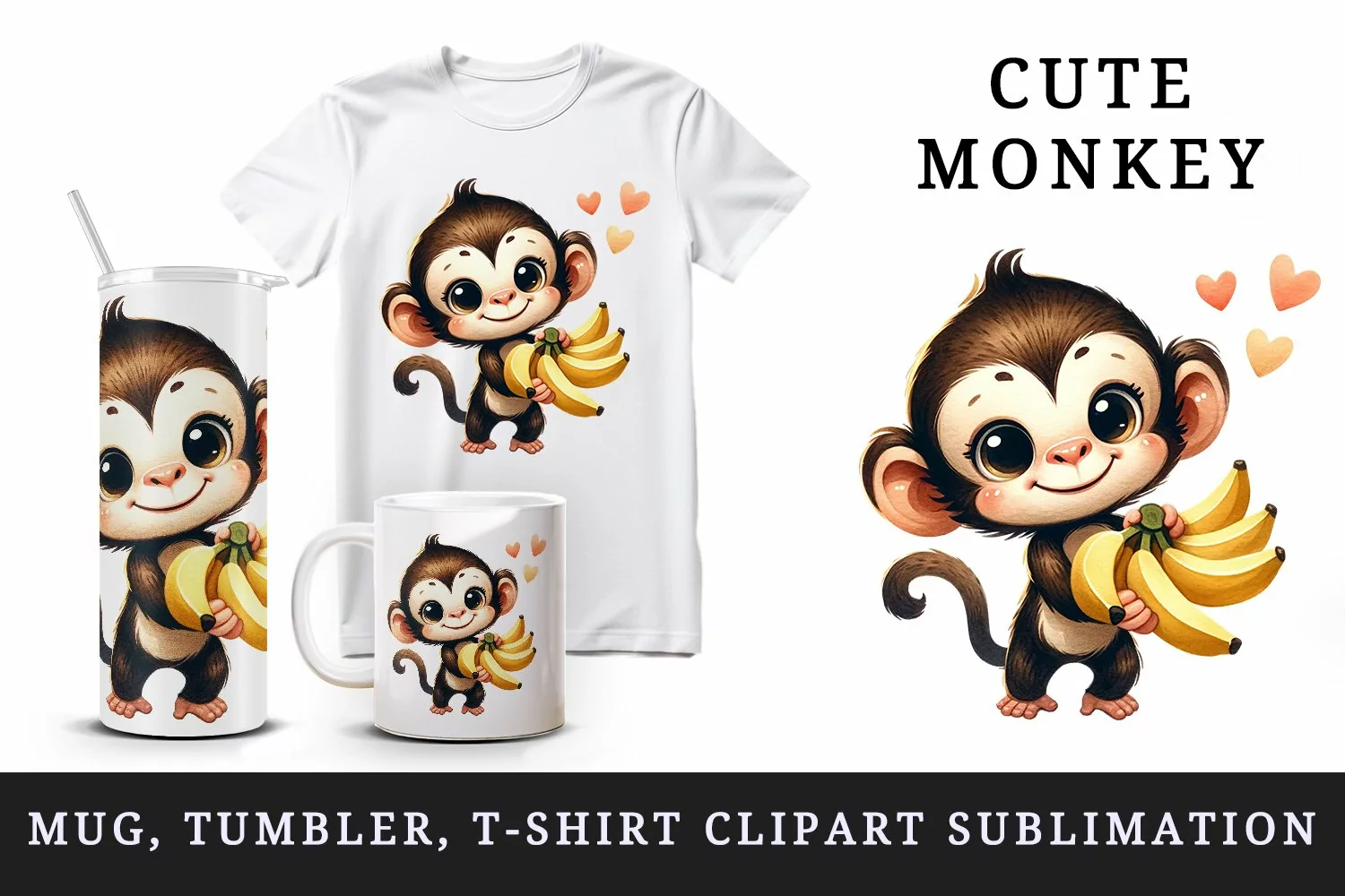 Watercolor cute friendly monkey offering bunch of bananas heart love print 20 oz tumbler skinny mug wrap clipart t-shirt sublimation printable design