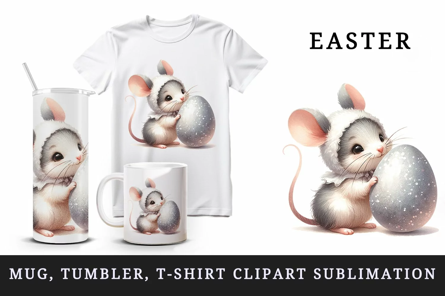 Watercolor cute friendly mouse and large sparkly Easter egg animal print 20 oz tumbler skinny mug wrap clipart t-shirt sublimation printable design