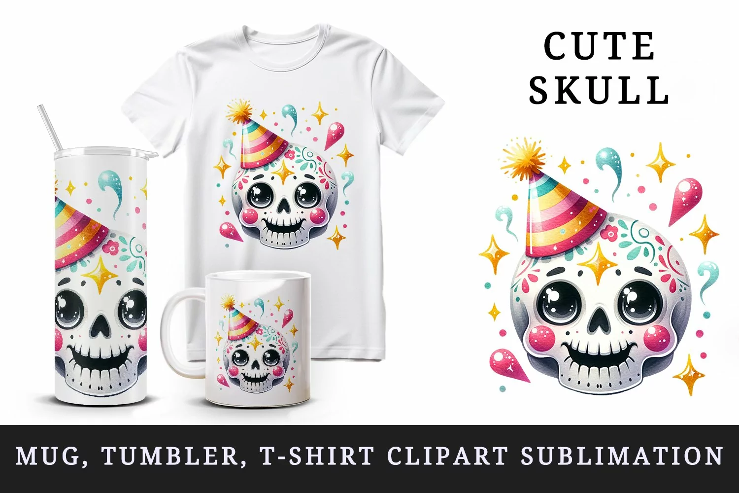 Watercolor cute friendly skull smile birthday party hat confetti print 20 oz tumbler skinny mug wrap clipart t-shirt sublimation printable design